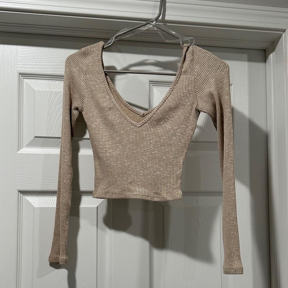 Beige Ribbed V-Neck Long Sleeve Top
